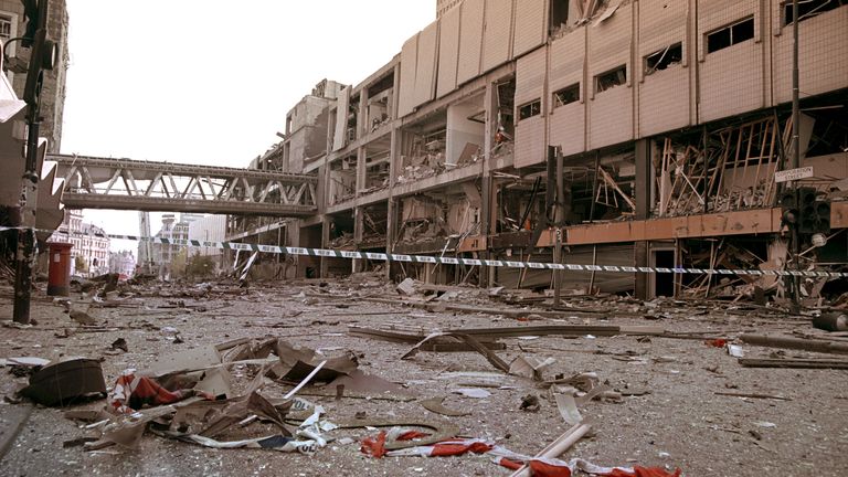 The scene of devastation in Manchester city centre following the bomb attack. Pic: PA