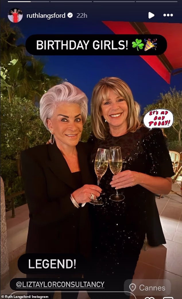 Dressed in a glittering black dress, Ruth danced the night away as a live band performed a string of hits (pictured with her friend Liz Taylor)