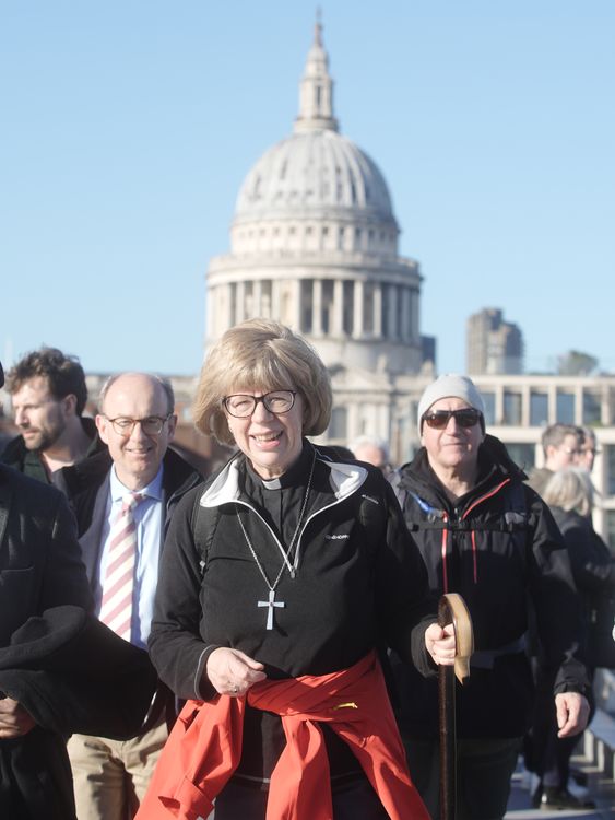 Dame Sarah Mullally on the Millennium Bridge setting off on her pilgrimage to Canterbury. Pic: PA