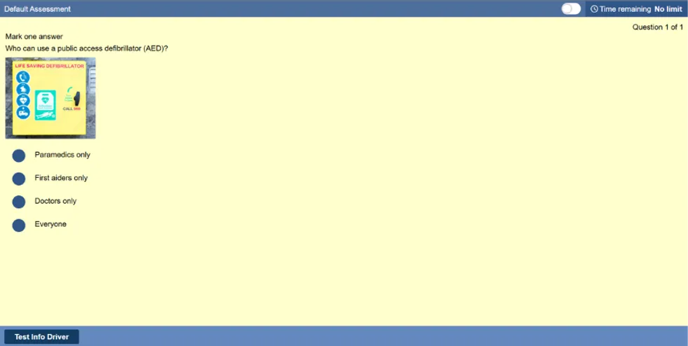 An example question on defibrillators in a theory test