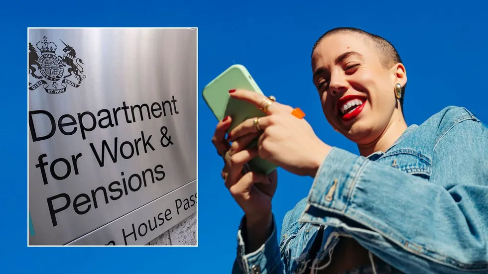 Woman on phone and DWP sign