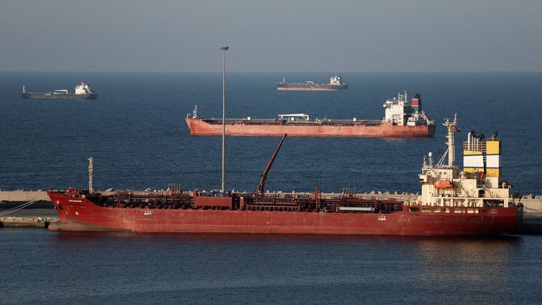 Tankers sit in Muscat, Oman, as Iran vowed to shut the Strait of Hormuz. Pic: Reuters