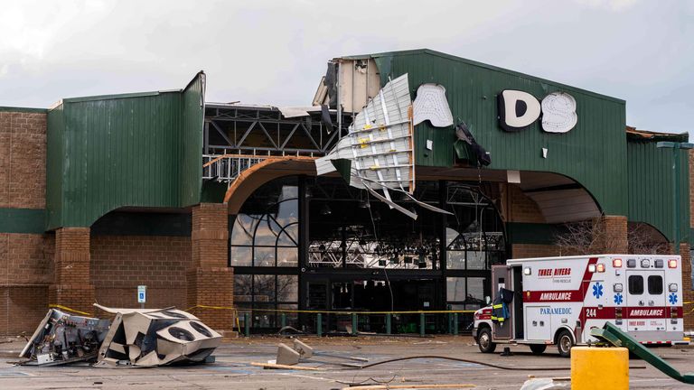 Damage after a reported tornado in Three Rivers, Michigan, on 6 March. Pic: AP