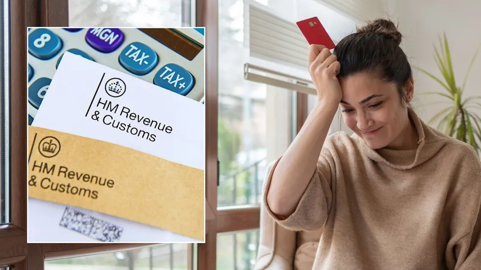 Woman holding bank card and HMRC bill