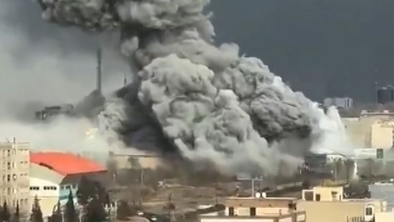 Strike in Tehran, large cloud of smoke. Screenshot from video that needs no credit. 