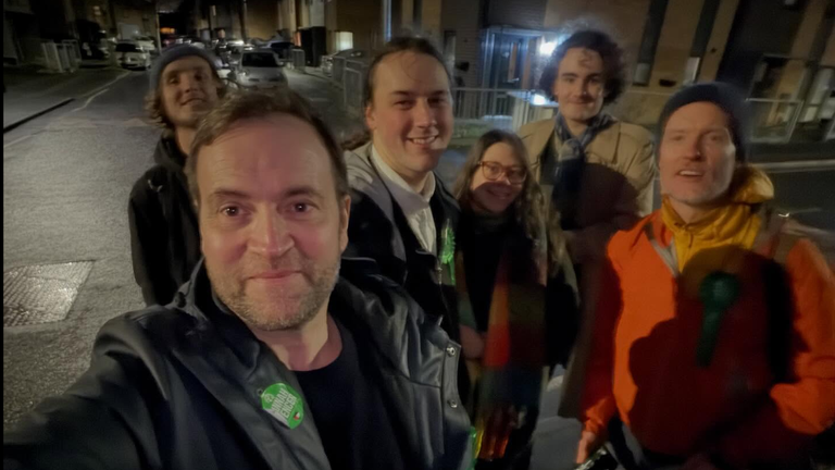 David Prescott canvassing with Green activists in Gorton and Denton. Pic: Facebook