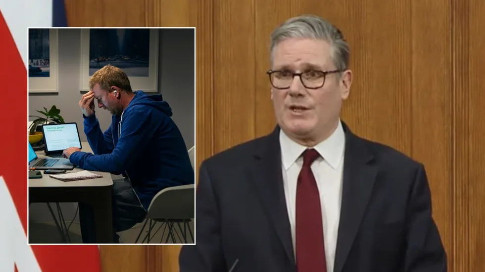 Keir Starmer speaking at event and man looking worried