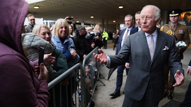 King Charles meets well-wishers as he leaves following his visit to Aviva Studios. Pic: PA