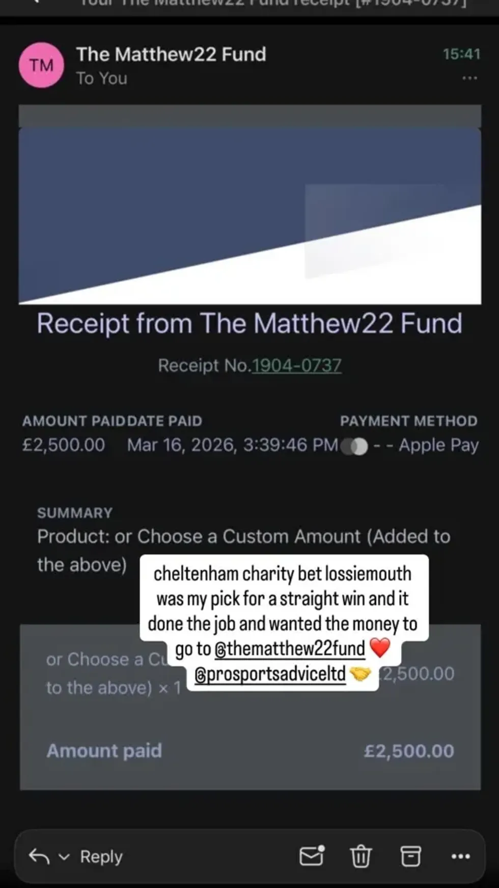 Darts world champion Luke Littler has raised \u00a32,500 for a cancer charity after backing a winner at last week's Cheltenham Festival