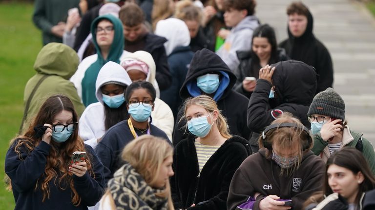 Students queue for antibiotics at the University of Kent in Canterbury. Pic: PA