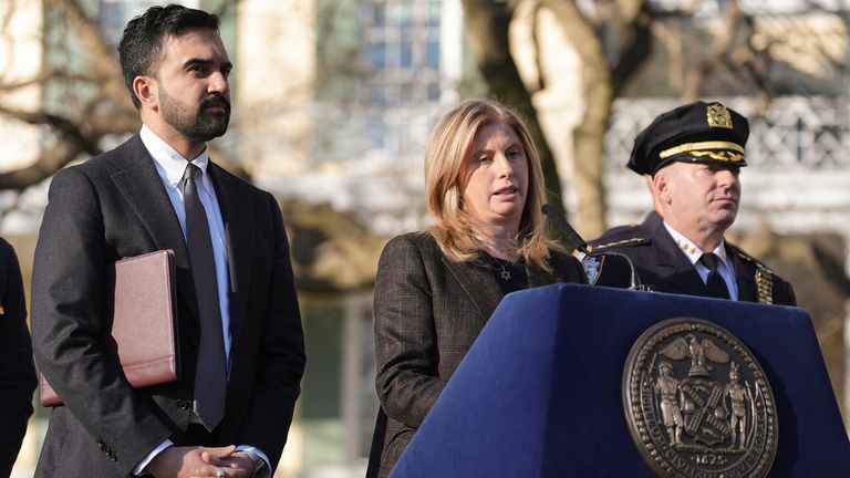 New York police commissioner Jessica Tisch and mayor Zohran Mamdani speaking to reporters on Monday. Pic: AP