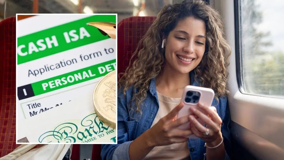 Woman looking at phone and Cash ISA form