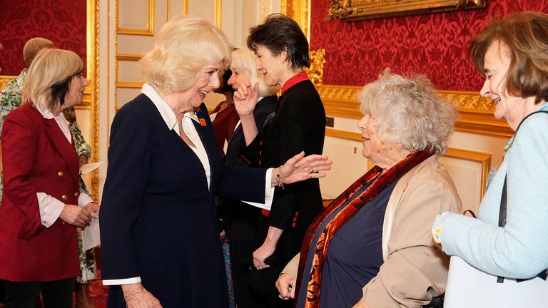 Camilla meeting Miriam Margolyes and Cherie Blair at St James's Palace. Pic: PA