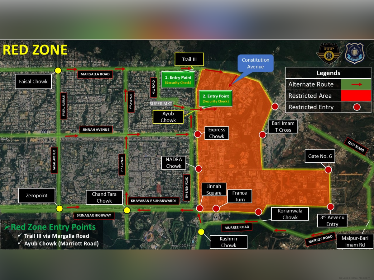 Islamabad Traffic Police (ITP) on Monday announced that entry into the Red Zone will remain open only through Margalla Road and the route via Marriott Hotel [Source: X]