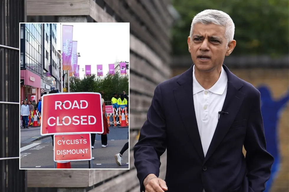 Oxford Street road closed sign and London Mayor Sir Sadiq Khan
