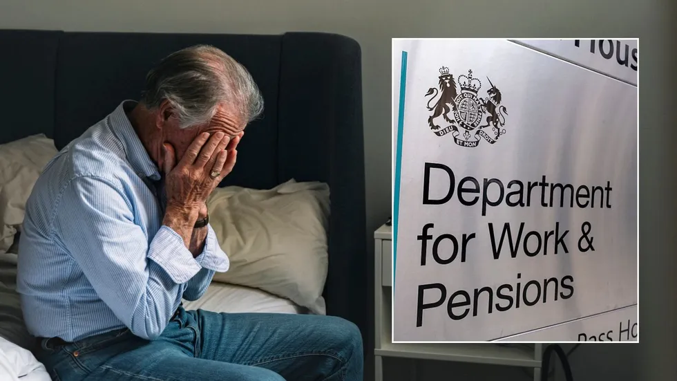 Older man looking worried and DWP sign
