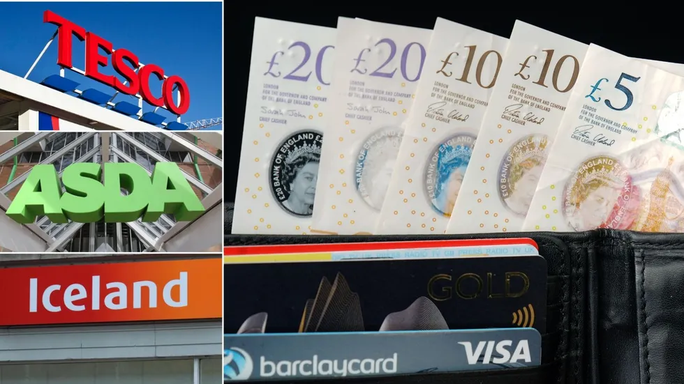 Cash in wallet with supermarket logos