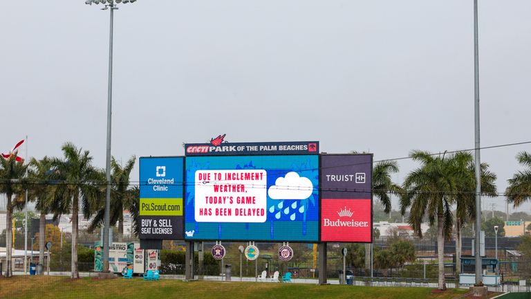 A scoreboard shows a delay to a baseball game in West Palm Beach, Florida. Pic: Reuters