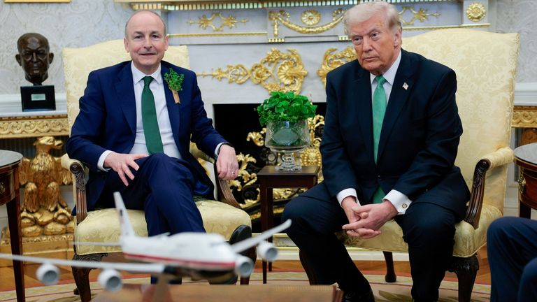 Donald Trump was speaking alongside Ireland's Taoiseach Micheál Martin in the Oval Office. Pic: Reuters
